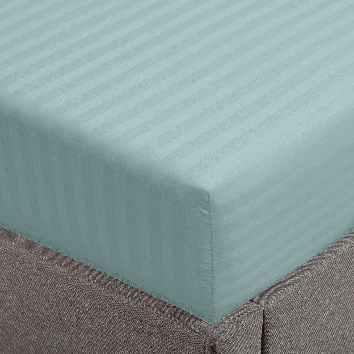Feather & Stitch 100% Cotton 1 Piece Damask Stripe Full Fitted Sheet 500 Thread Count Granite Green 18' Extra Deep Pocket Sateen Weave Stretchable Boxer Elastic Fits Mattress Perfectly