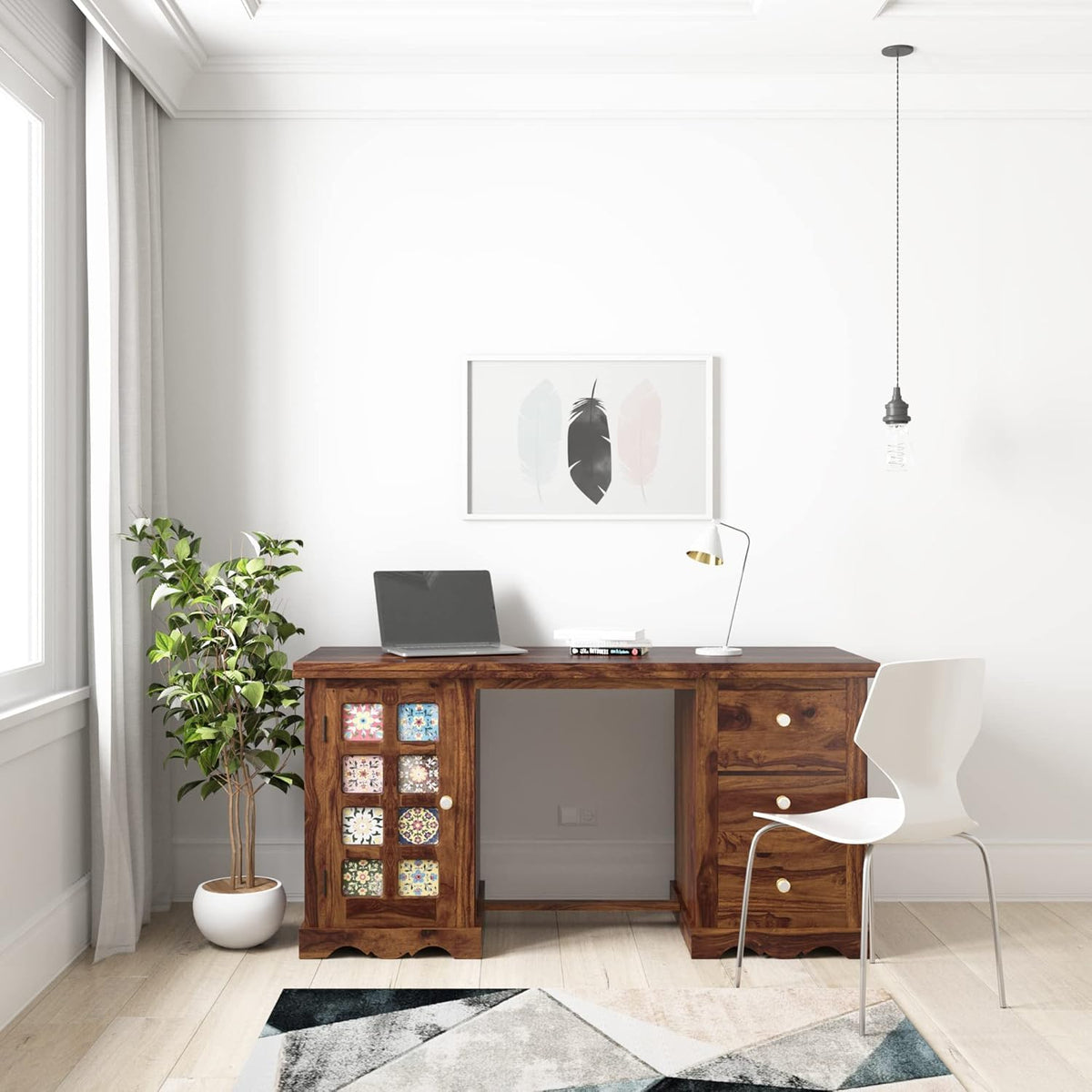 Rathkaar Solid Sheesham Wood Writing Study Table With 3 Drawer 1 Cabinet Storage For Living Room | Solid Wood Study Desk | Woode