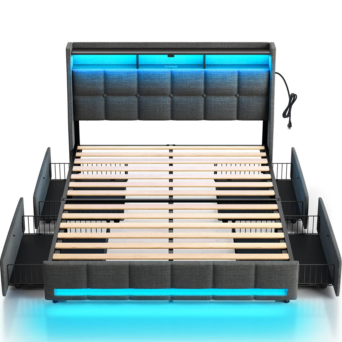 Rolanstar Queen Size Bed Frame With Led Lights And Charging Station, Upholstered Bed Storage Headboard & Drawers, Heavy Duty Wood Slats, Easy Assembly
