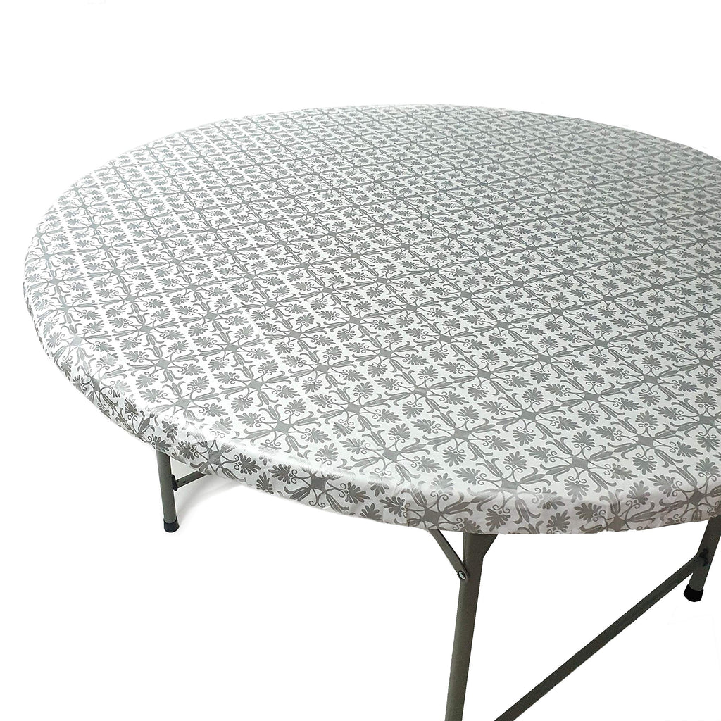Toptablecloth Fits Tables Up To 55' To 60' Inch Round Tablecloth Elastic Silver Patterned Large Round Tablecover Wedding Plast