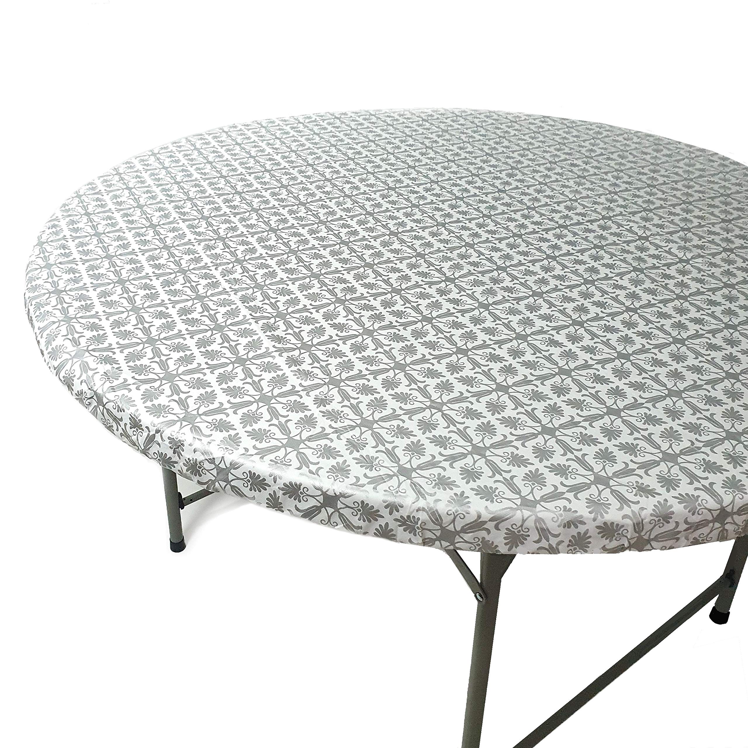 Toptablecloth Fits Tables Up To 55' To 60' Inch Round Tablecloth Elastic Silver Patterned Large Round Tablecover Wedding Plast