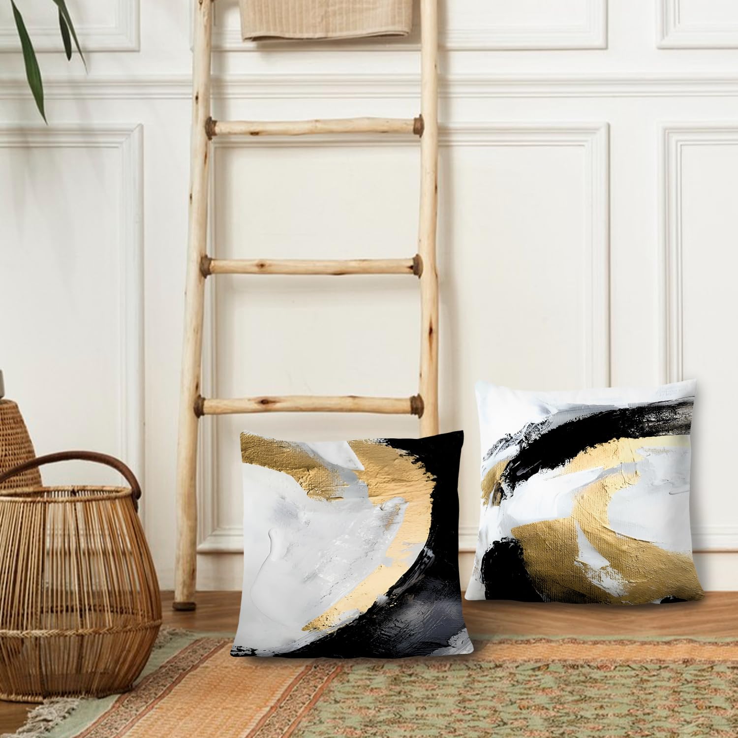 Supwhd Abstract Black White And Gold Pillow Covers 20X20 Set Of 2 - Modern Pillow Covers, Modern Home Decor, Black And Gold Deco