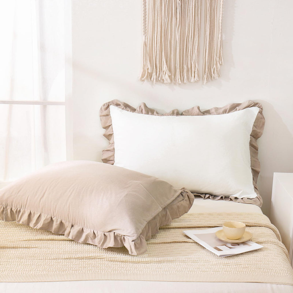 Merryword Taupe Pillow Shams White And Taupe Reversible Standard Pillowcases Cute Pillow Cover Set Of 2 Soft Shabby Chic Ruffled