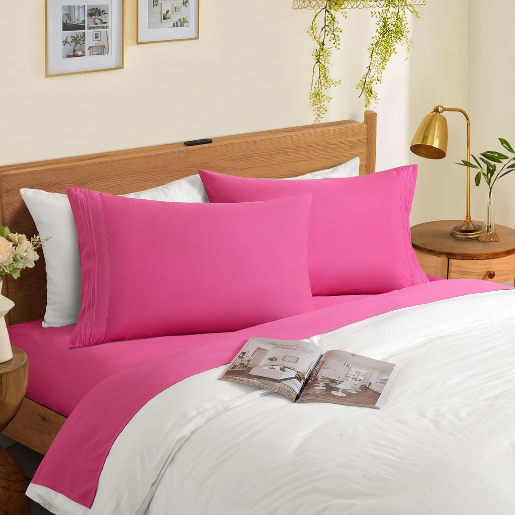 Horbaunal 2 Pack Microfiber Pillowcases King Size Hot Pink Bed Pillow Cases With Envelope Closure, 1800 Thread Count Soft & Shri