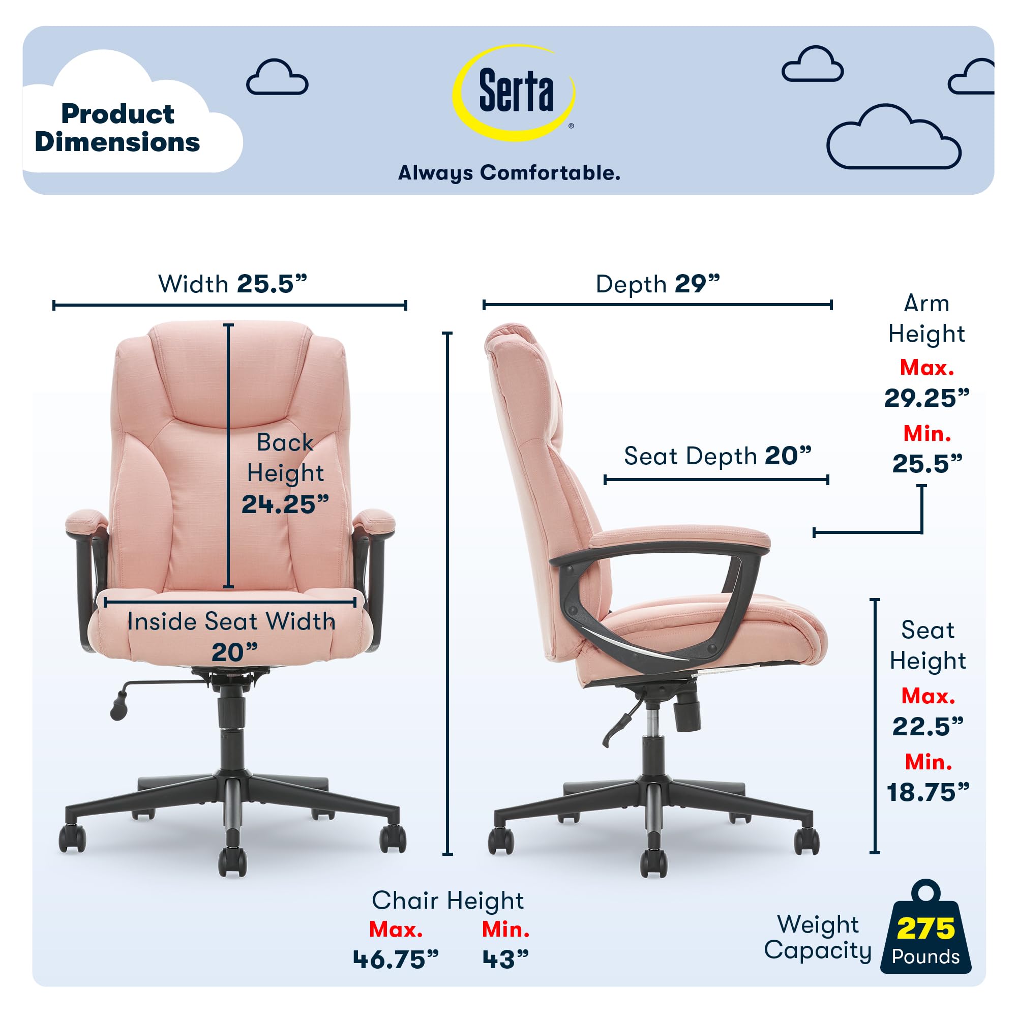 Serta Connor Executive Office Chair Ergonomic Computer Chair Microfiber Fabric Pink 43672G