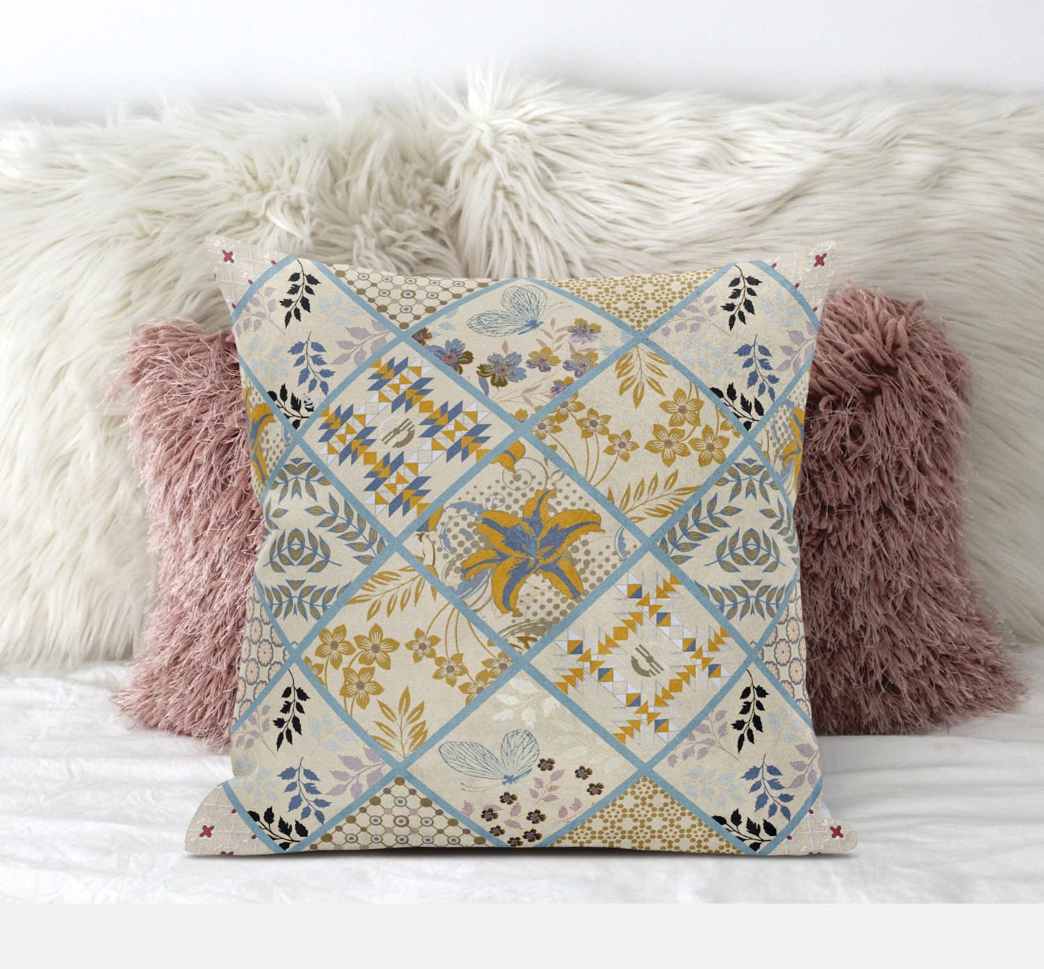 HomeRoots Gold Red White 18â€ Gold Cream Patch Suede Zippered Throw Pillow