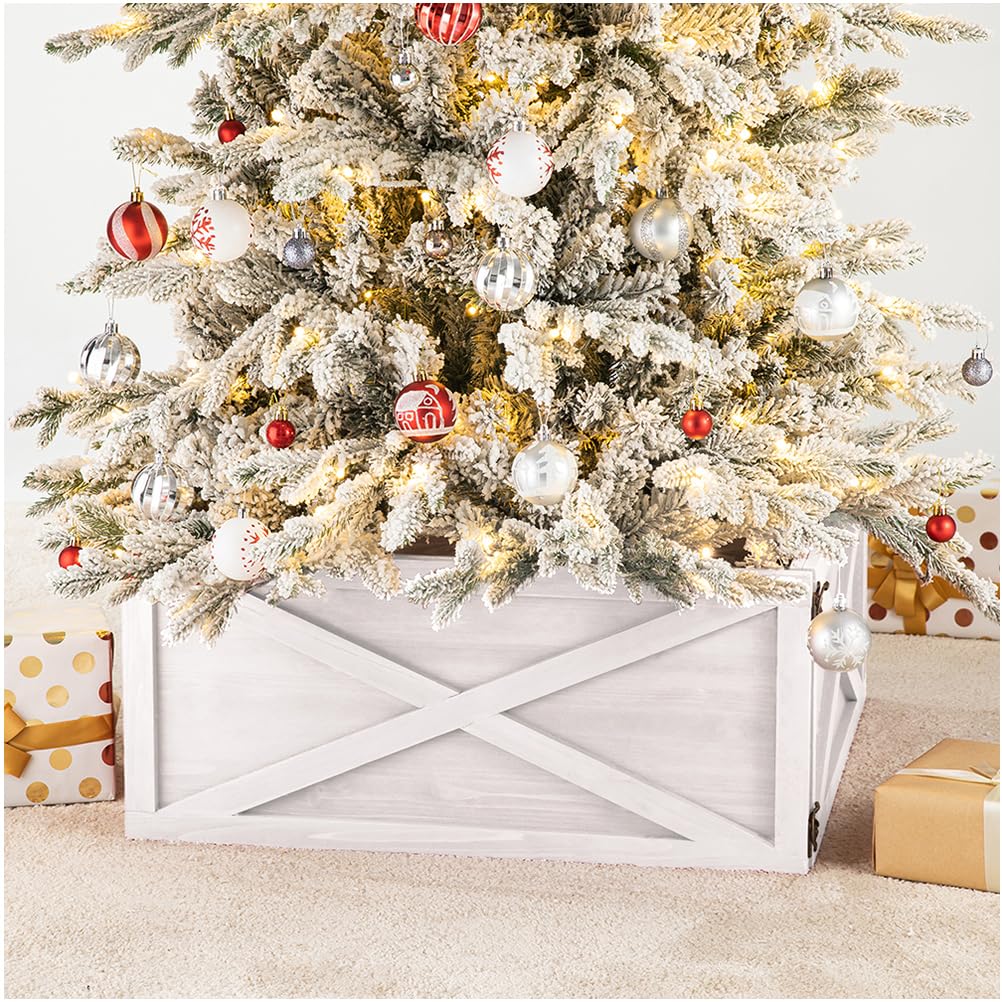 Glitzhome Washed White Wooden Tree Collar Tree Stand Cover Christmas Tree Skirt Tree Box, 22 L