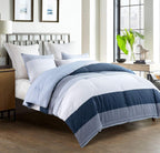 Sleepbella Comforter Twin Size, 600 Thread Count Cotton White And Navy Striped Patchwork Reversible Pattern Reversible Blue Comf