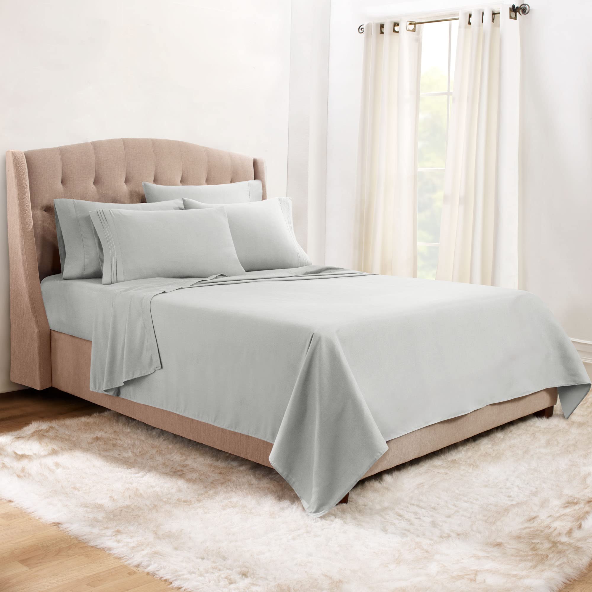 Clara Clark Bed Sheets, Premier 1800 Series Bed Sheet Set With Extra Set Pillowcases, Deep Pocket Fitted Sheet, Luxury Soft Bedding Sheets & Pillowcases, Queen, Silver