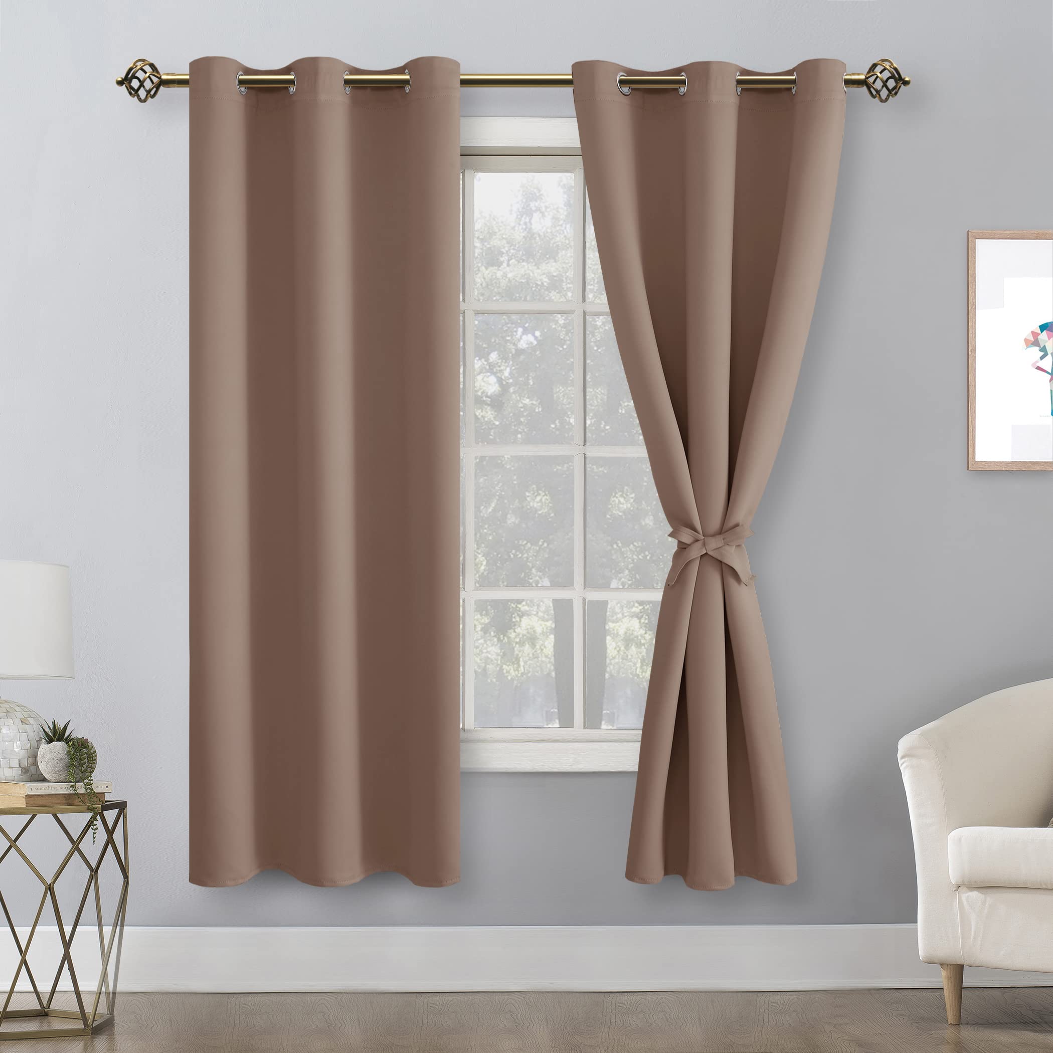 Hiasan Blackout Curtains For Bedroom, 38 X 63 Inches Length - Thermal Insulated & Light Blocking Window Curtains For Living Room, 2 Drape Panels Sewn With Tiebacks, Cappuccino