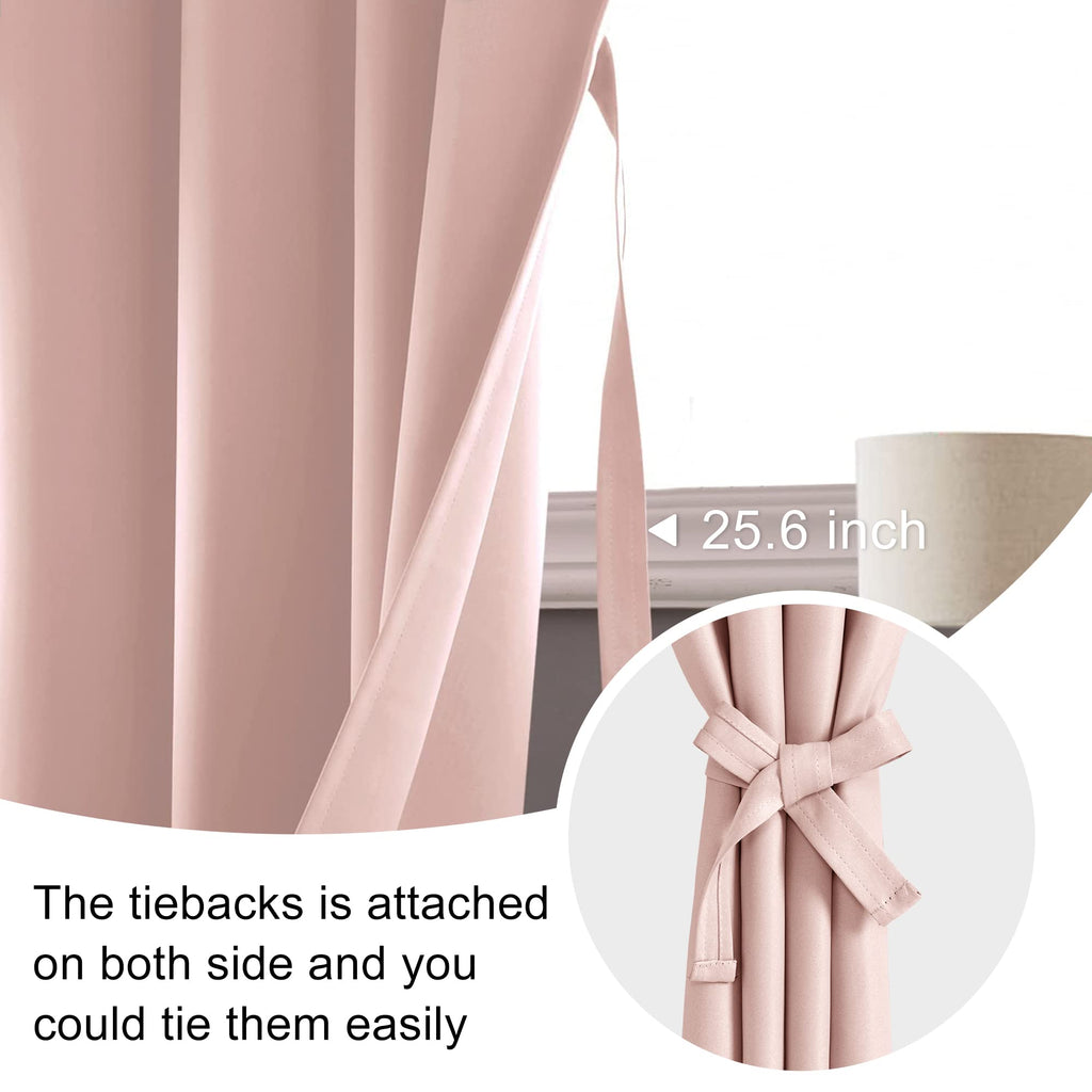 Jiuzhen Blush Pink Blackout Curtains For Bedroom - Thermal Insulated Room Darkening Rod Pocket Curtains For Living Room, Set Of 2 Panels With Tiebacks, 52 X 96 Inch Length, Blush Pink