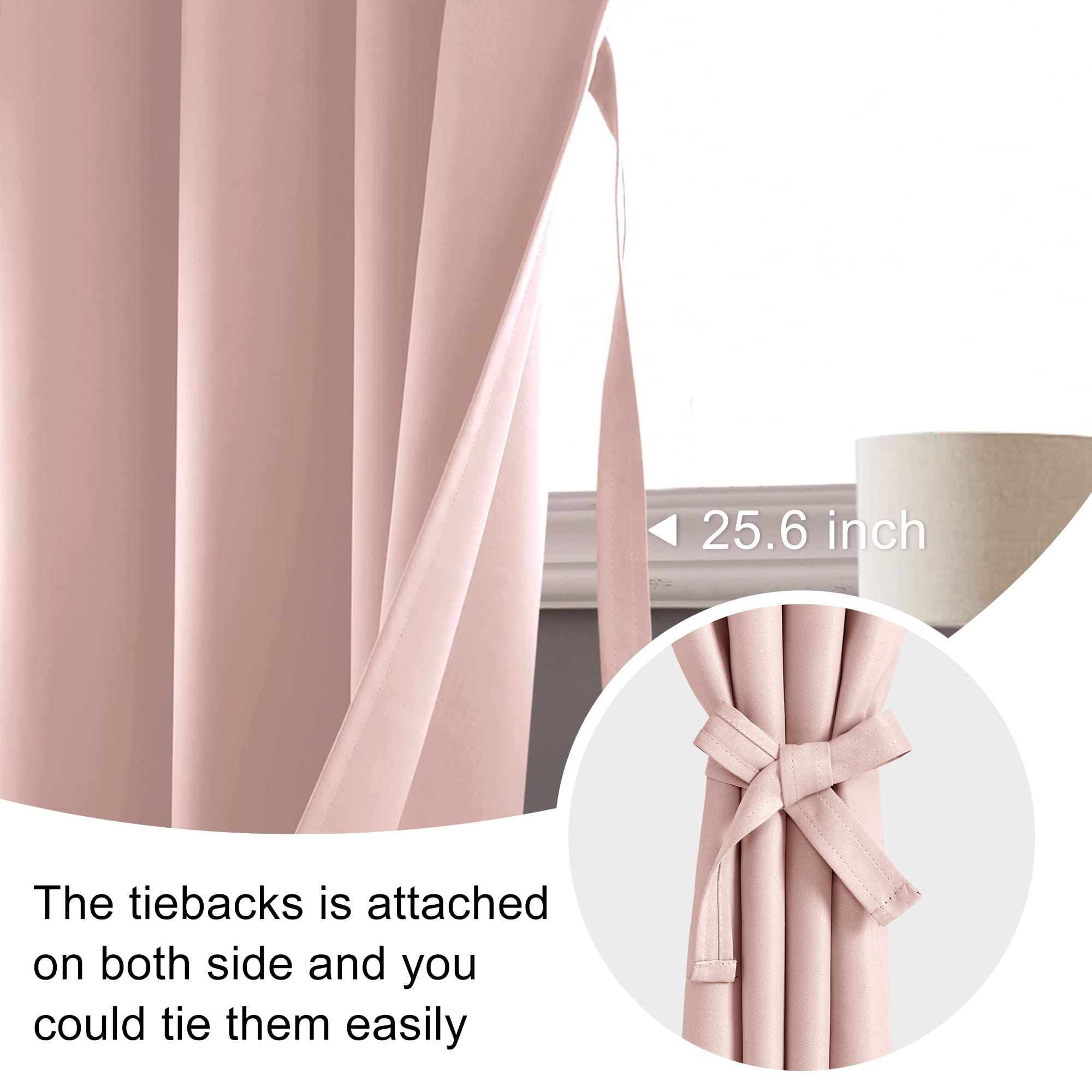 Jiuzhen Blush Pink Blackout Curtains For Bedroom - Thermal Insulated Room Darkening Rod Pocket Curtains For Living Room, Set Of 2 Panels With Tiebacks, 52 X 96 Inch Length, Blush Pink