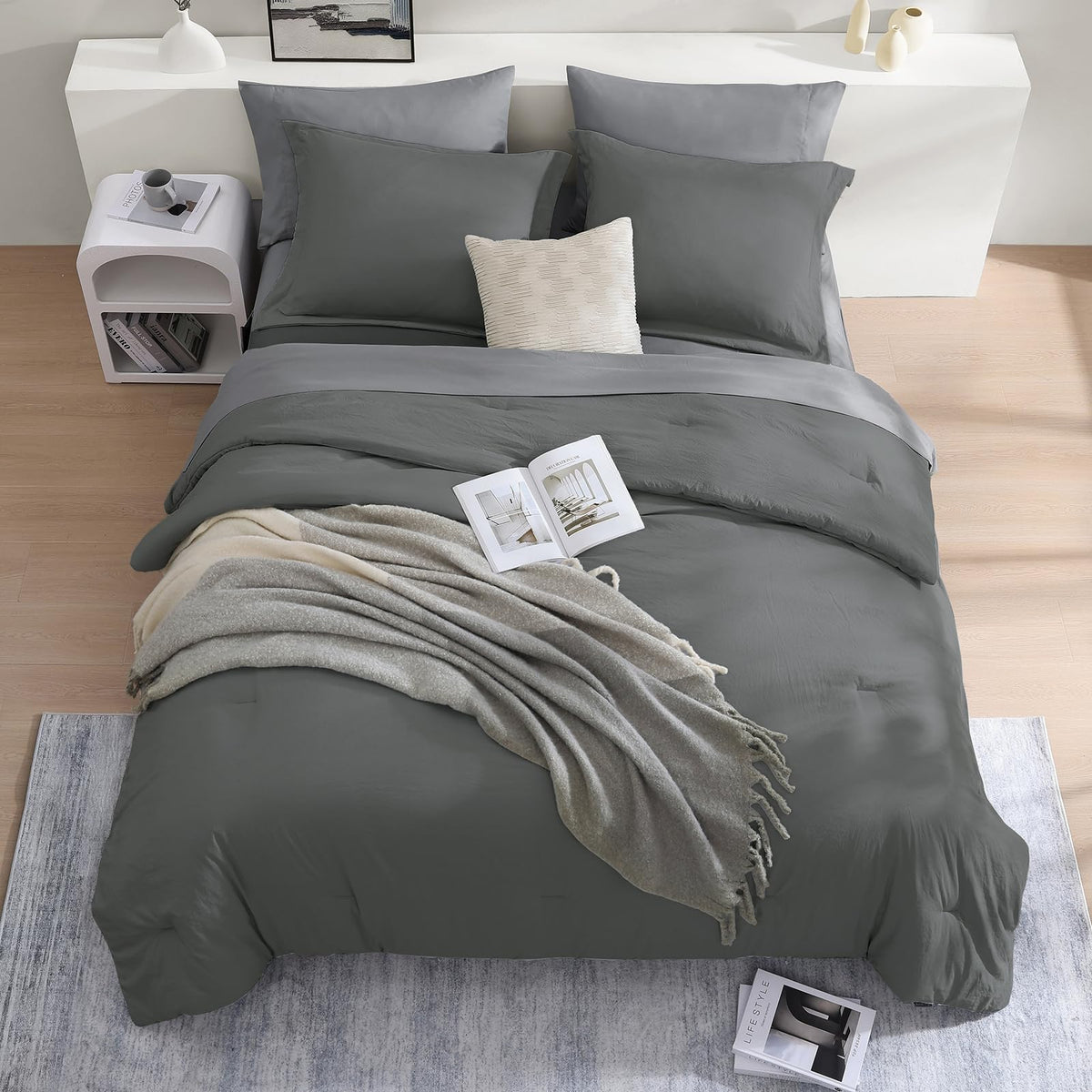 Wrensonge Charcoal Grey King Comforter Set, 7 Pieces Soft Microfiber King Size Comforter With Fitted Sheet, Flat Sheet, 2 Pillow