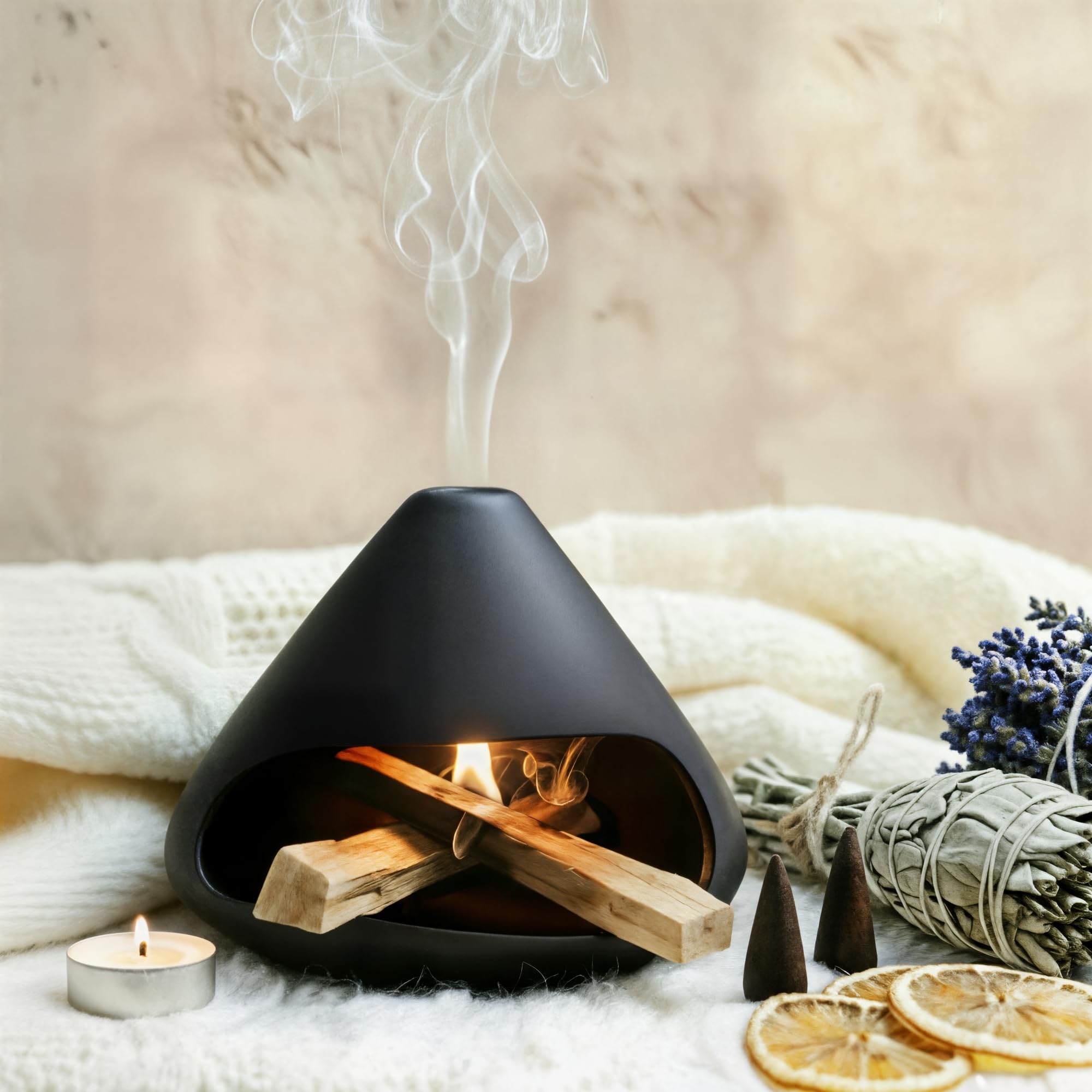 Palo Santo Holder Incense Burner,Sage Sticks Incense Holder,Handcrafted Clay Smudge Bowl with Chimney,Mini Cone Ceramic Fireplac