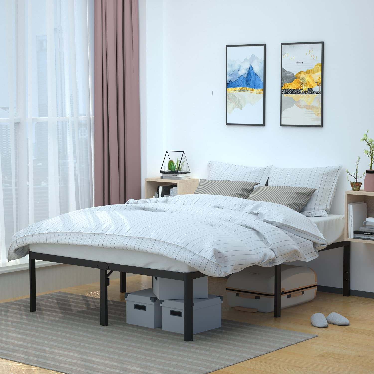 Amazon Basics Sturdy Heavy-Duty Non-Slip Platform Bed Frame King Size Storage, Steel Slat Support, Noise Free, Easy Assembly, 18