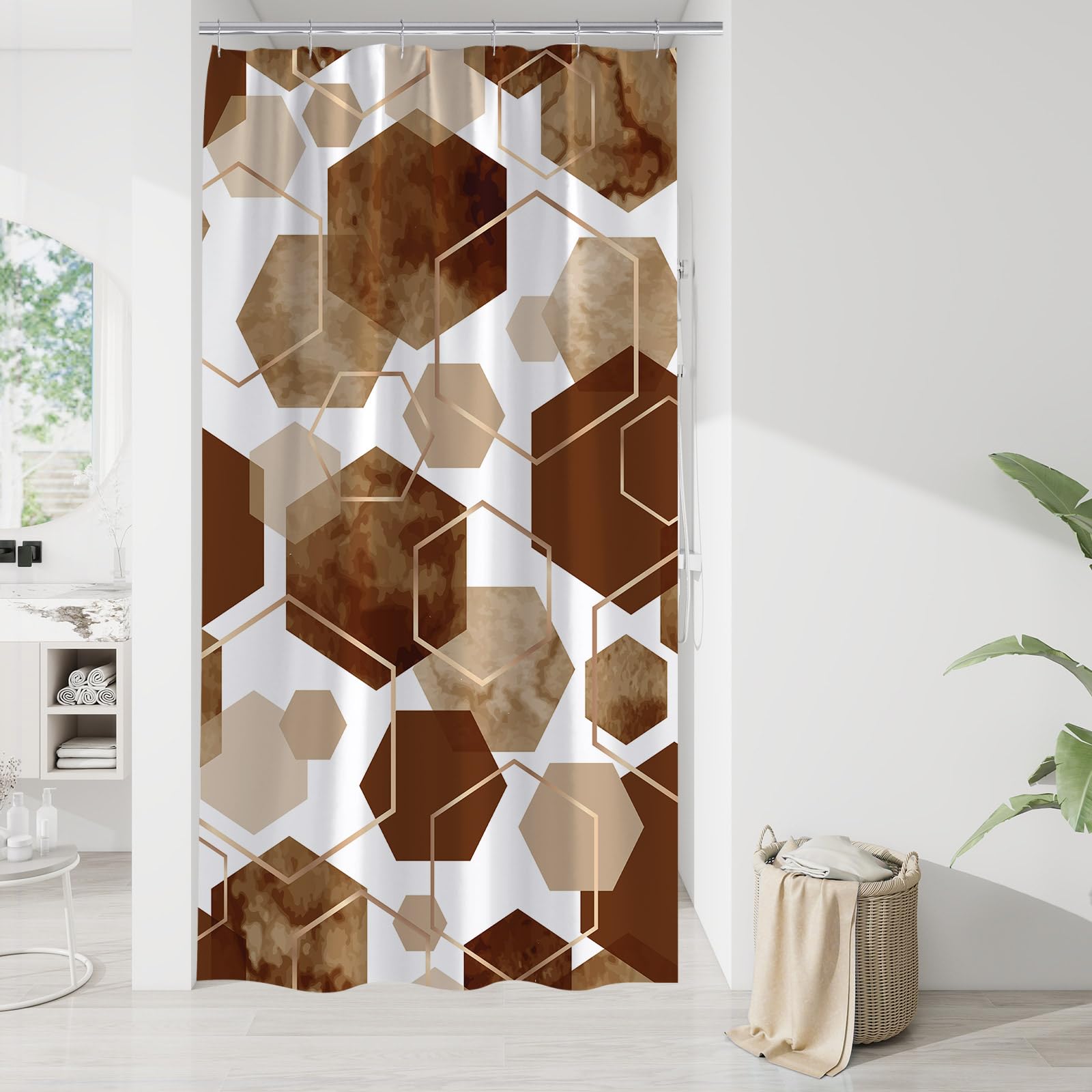 Litabel Modern Small Stall Shower Curtain For Bathroom, Brown Geometric Art Decor Waterproof Bath Curtain, Abstract Fabric Showe