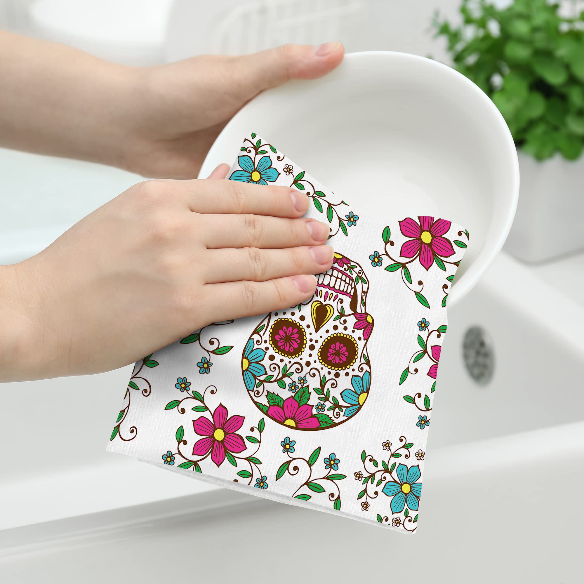 Mexican Skull Cute Floral Kitchen Dish Towels Set Of 2, 16'X 24' Cotton Absorbent Drying Cloth, Day Of The Dead Kitchen Towels