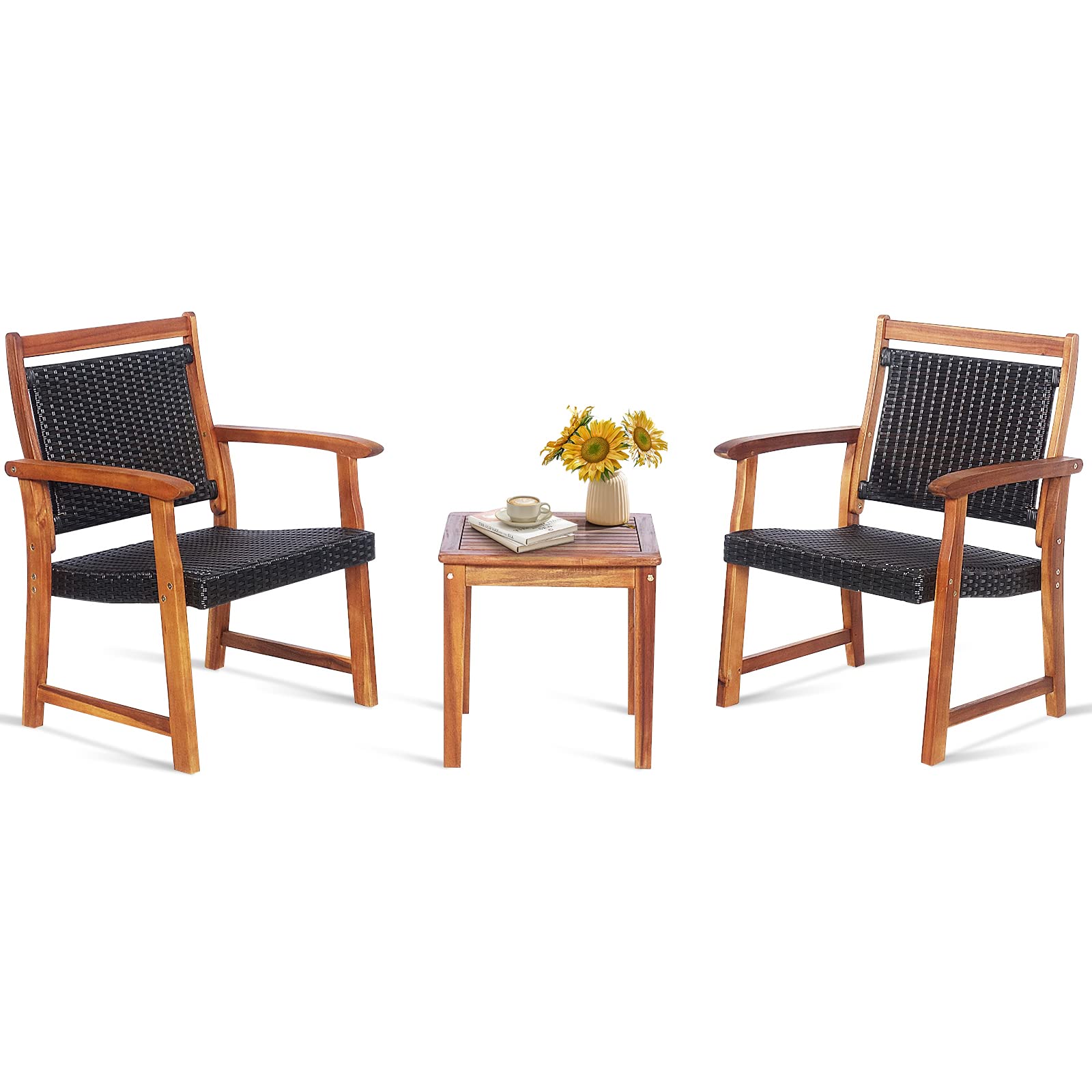Tangkula 3-Piece Patio Acacia Wood Bistro Set, Patiojoy Outdoor Furniture Set With 2 Chairs & 1 Side Table, Weather Resistant Rattan Garden Conversation Chair Set For Pool Side, Deck, Balcony