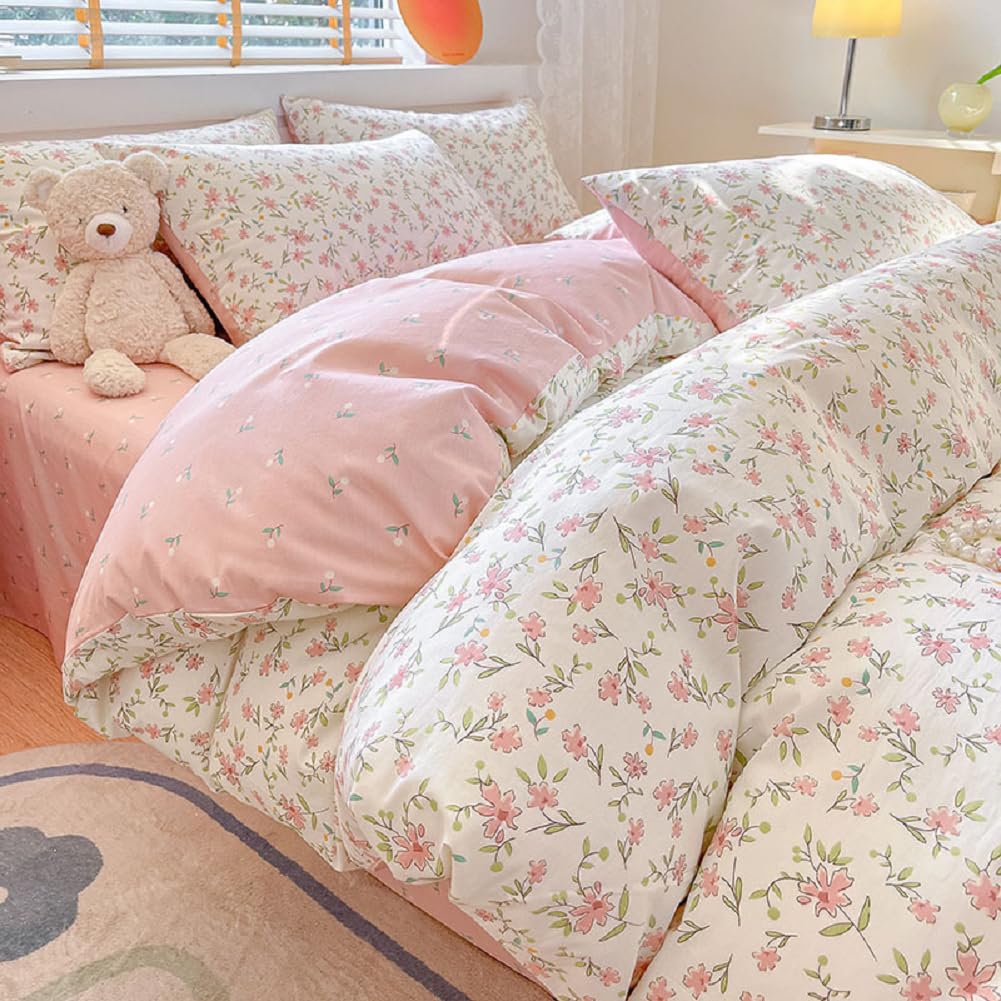 Pink Floral Duvet Cover Full 100% Cotton Chic Flower Botanical Duvet Cover Garden Style Girls Floral Comforter Cover With Zipper