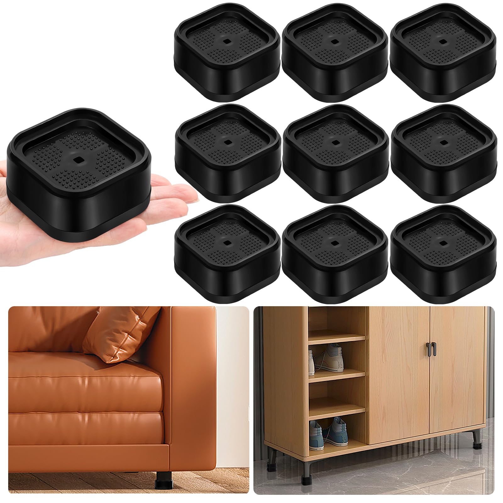Shouwuhho 9 Pack Furniture Risers Adjustable Bed Risers Heavy Duty Lifts Height 1'', Square Stackable Bed Risers 1, 2 Or 3 Inch