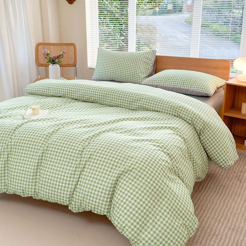Nsnlgsgc Sage Green Gingham Duvet Cover Set Queen, Grid Simple Geometric Square Pattern Comforter Cover,Soft Plaid Washed Microf