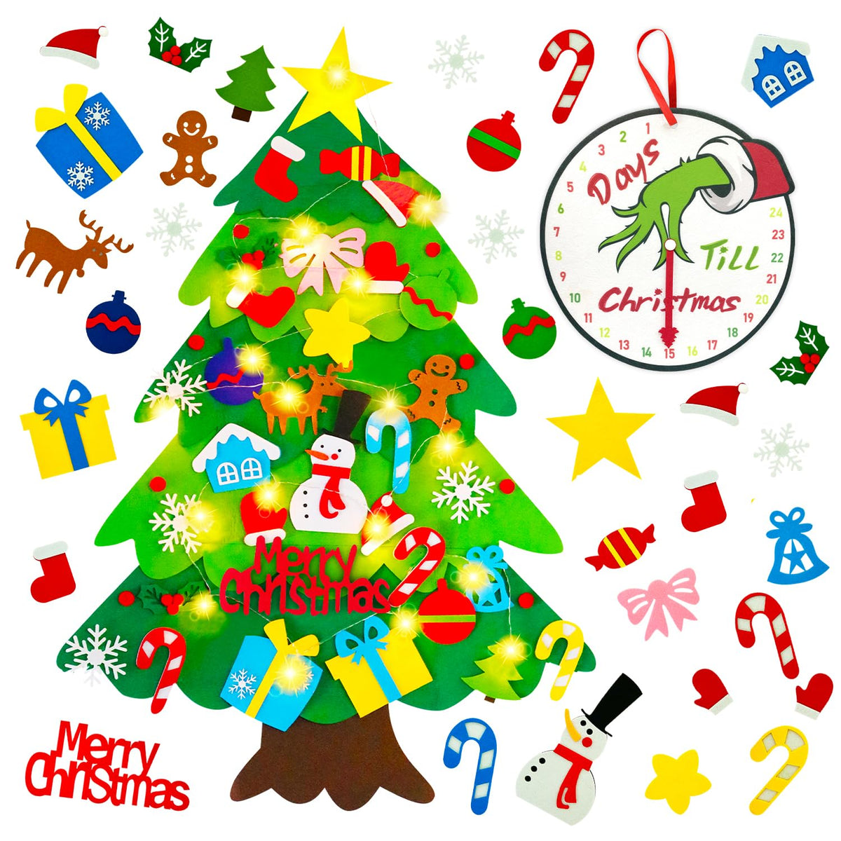 Felt Christmas Tree for Kids Wall, Upgraded Felt Tree Kit with Lights + Advent Calendar + 32 Ornaments, DIY Felt Tree Set Christ