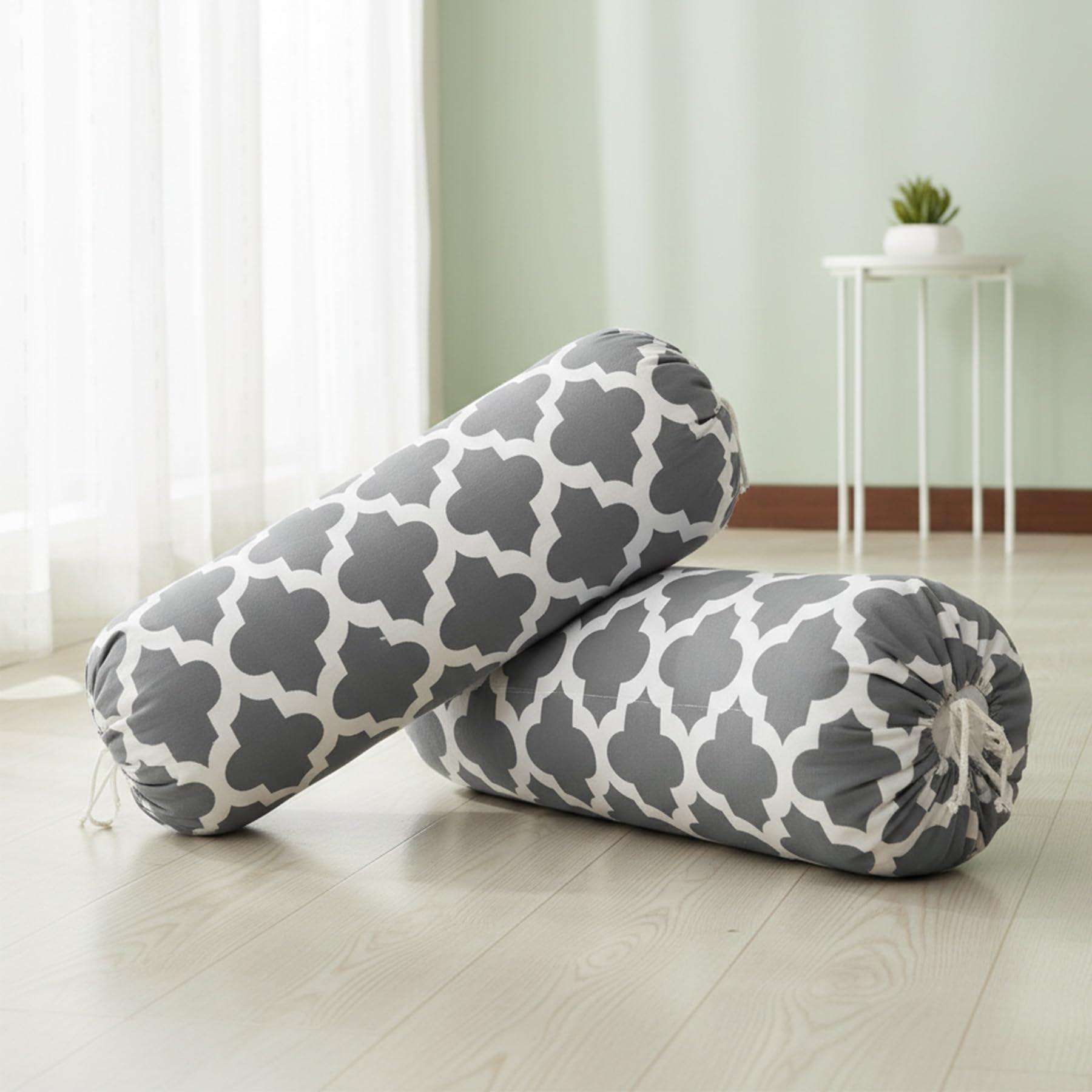 Homemonde Cotton Bolster Round Cushion Covers 16 X 32 Inches For Living Room Decoration (Grey Quatrefoil), 200 Tc
