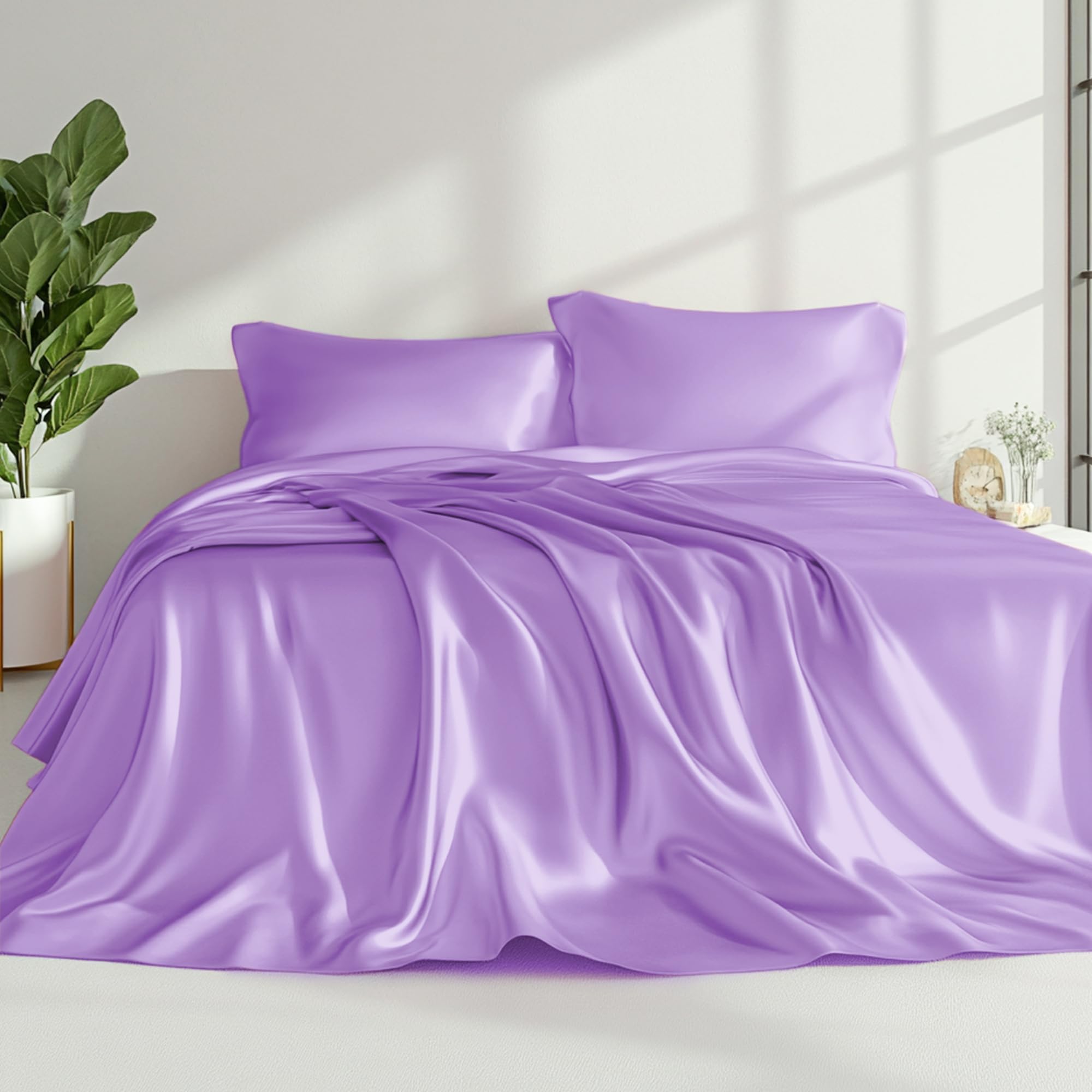 Love'S Cabin Satin King Sheet Sets - 4 Piece Lavender Silky Satin Sheets King Size Bed Set With Deep Pocket, Luxury Silk Feel Ki
