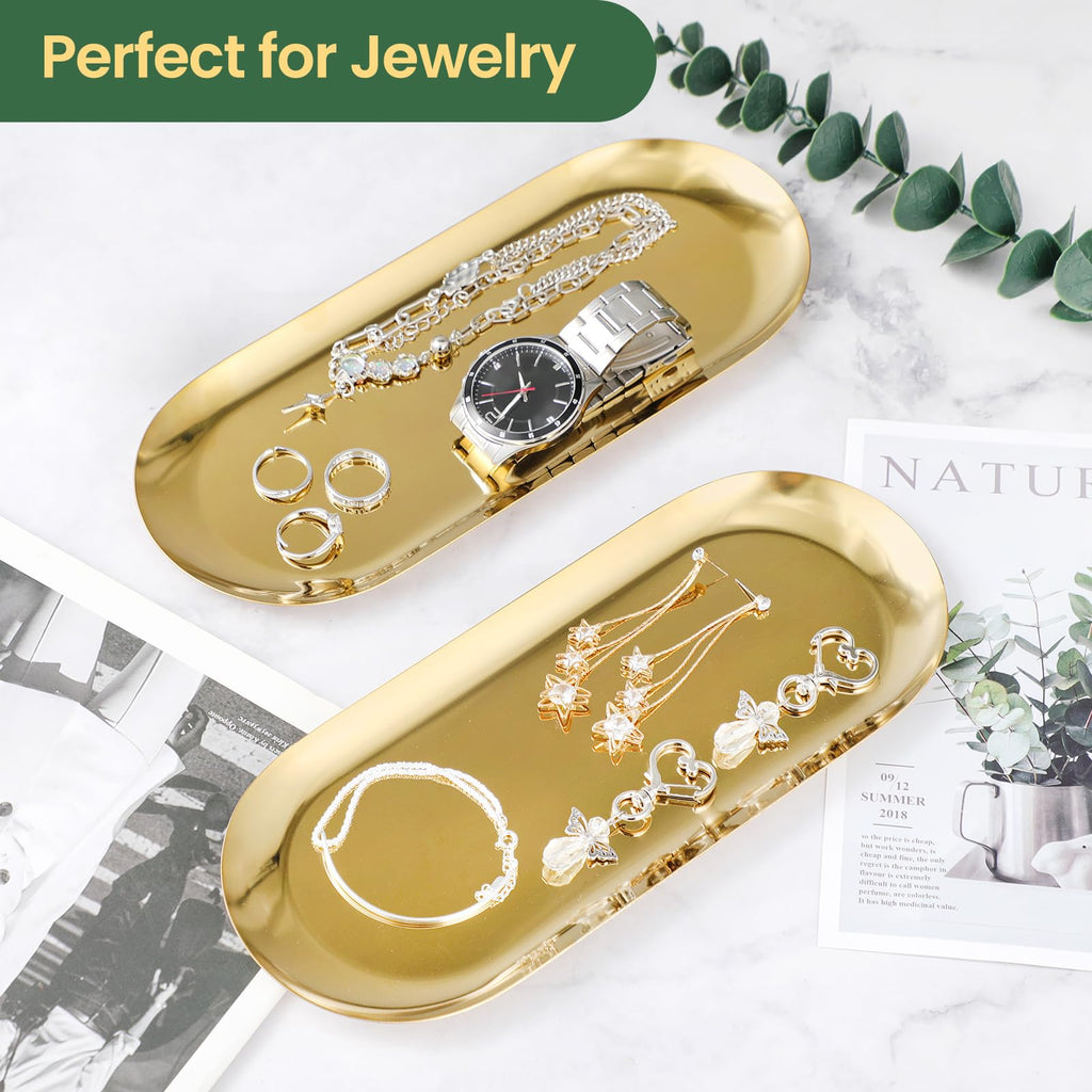 2Pack Gold Decorative Tray, Bathroom Vanity Tray For Dresser Counter, Kitchen Sink Tray For Soap Dispensers, Stainless Steel Jew