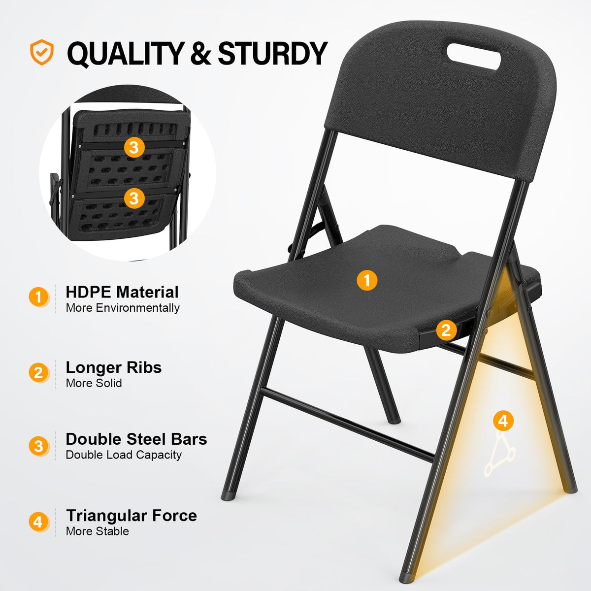 Vingli Folding Chairs, Heavy Duty Foldable Chair Portable Hdpe Plastic Seat With Steel Frame For Indoor Outdoor Dinning Party Wedding School Use, Black, 10 Pack