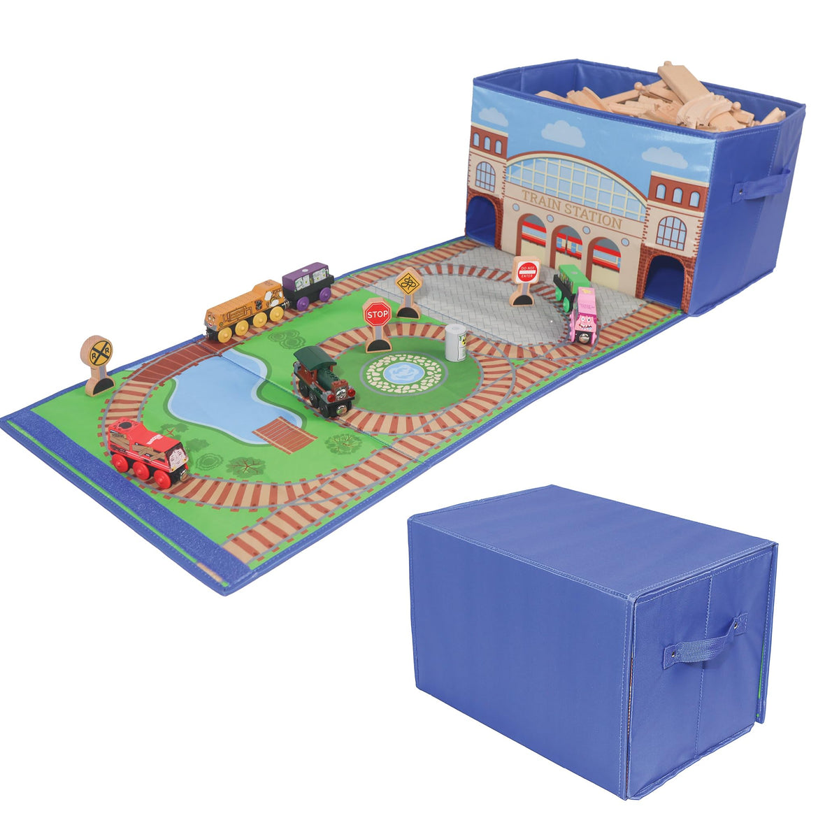 Zany Trains  Train Storage Bin and Play Mat  Wooden Railway TakeAlong Storage Box with Train Tracks Design  Two in One Colla