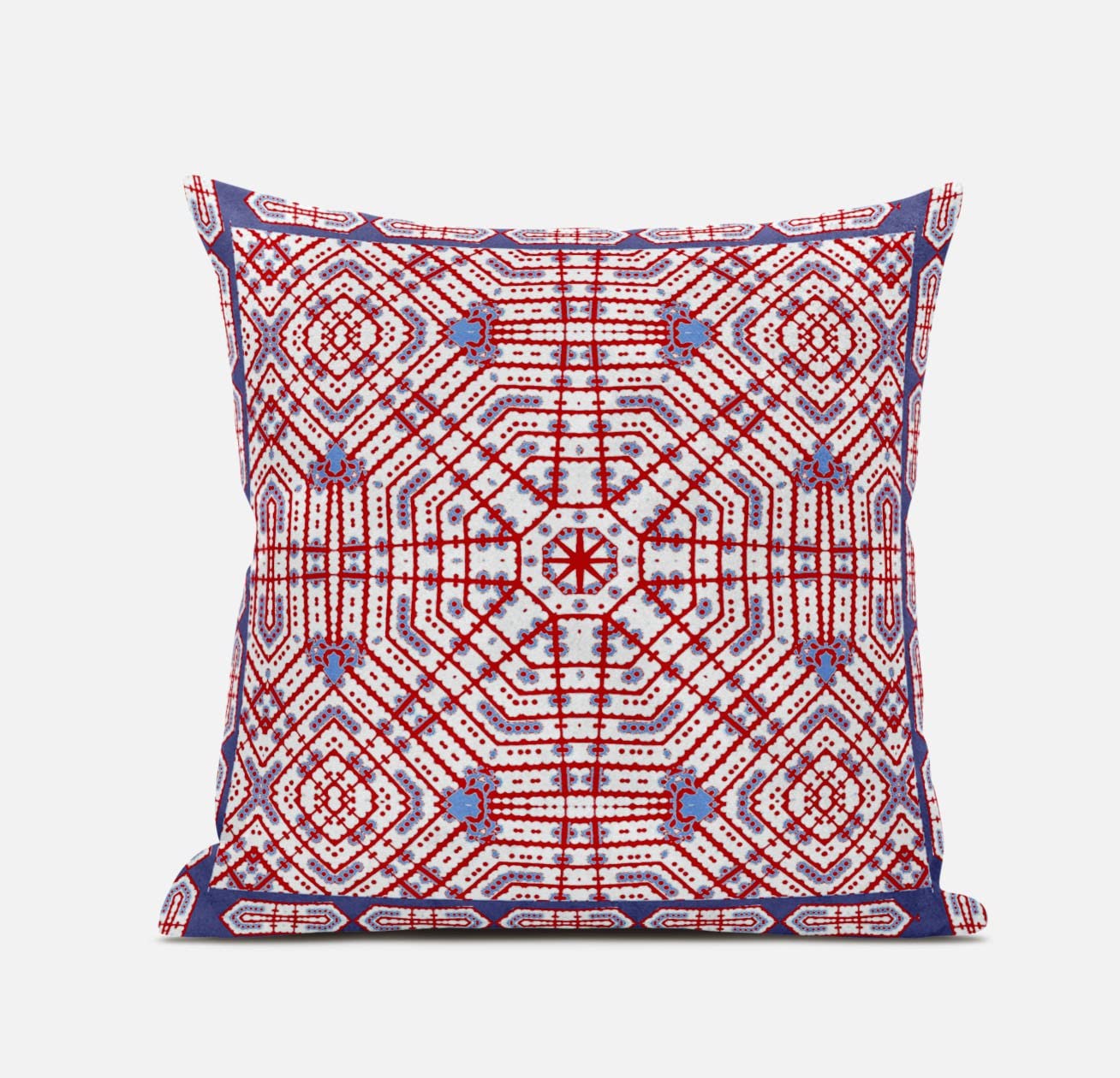 HomeRoots Light Blue Hot Pink 18â€ Red White Geostar Zippered Suede Throw Pillow