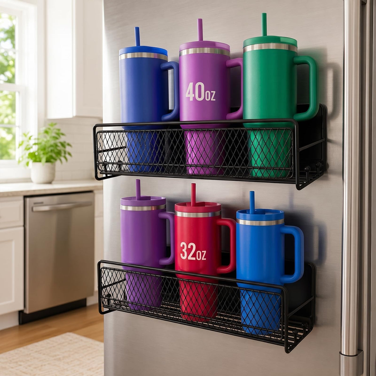 2 Pack Magnetic Cup Holder Heavy Duty, 6 Cup Mesh Water Bottle Storage Organizer with 8 Side Utility Hooks for Stanley Yeti Tumb