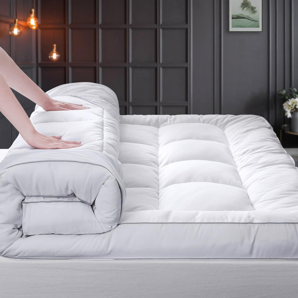 Hyprest Pillow Top Mattress Topper King, Extra Thick Mattress Topper 1300 Gsm Down Alternative, 100% Cotton Soft Plush Bed Toppe