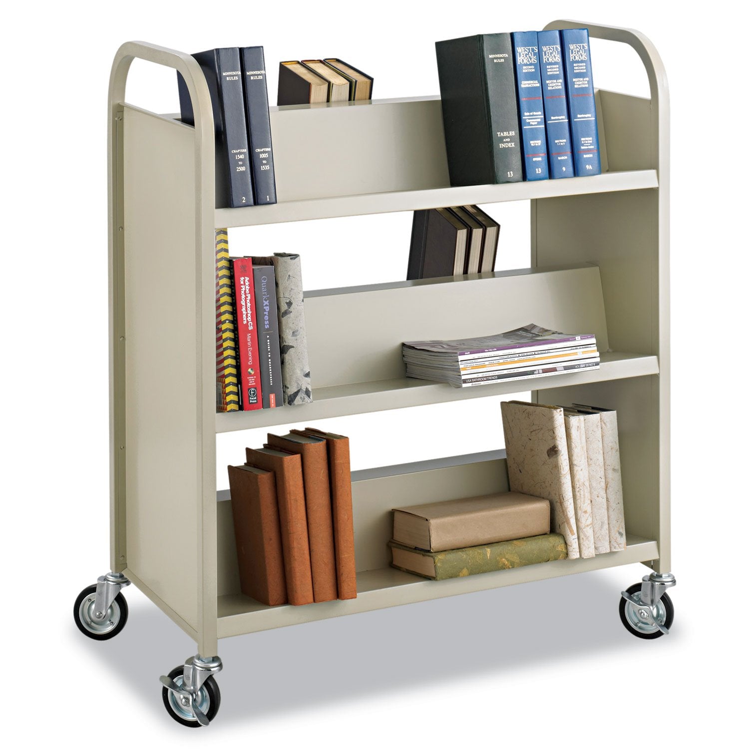 Safco Products 6-Shelf Steel Slant Shelf Double-Sided Book Cart, Sand, Perfect for Library, Office and Home Use
