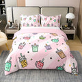 Feelyou Kids Milk Tea Bedding Set King Size Cute Bubble 100% Cotton Duvet Cover Bubble Tea Comforter Cover for Boys Girls Kawaii