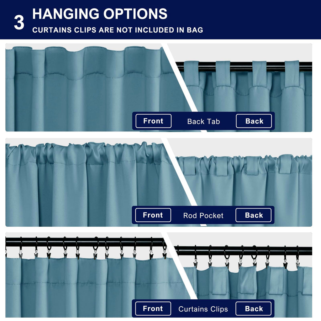 Hiasan Stone Blue Curtains 63 Inch Long Sewn With Tiebacks, Rod Pocket & Back Tab Blackout Thermal Insulated Kids Drapes, Room D
