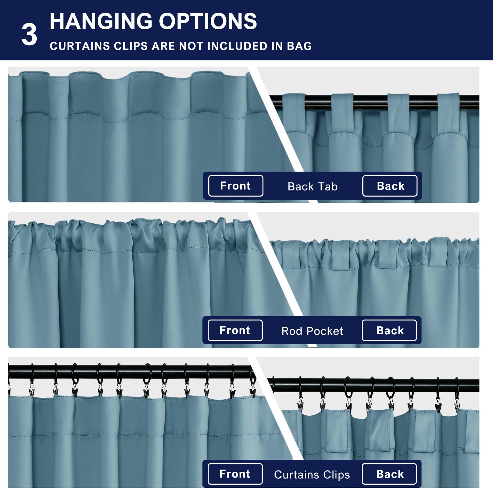 Hiasan Stone Blue Curtains 63 Inch Long Sewn With Tiebacks, Rod Pocket & Back Tab Blackout Thermal Insulated Kids Drapes, Room D