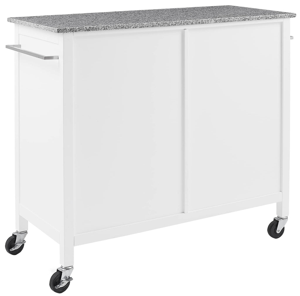 Crosley Furniture Soren Granite Top Rolling Kitchen Island Cart, Microwave Stand, Coffee Bar, With Shelves, White