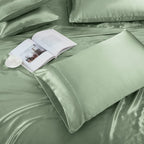 Treely 6 Piece Satin Sheets Queen Size Silky Smooth Sage Green Satin Sheet Set With Deep Pocket, Satin Fitted Sheet, Flat Sheet,