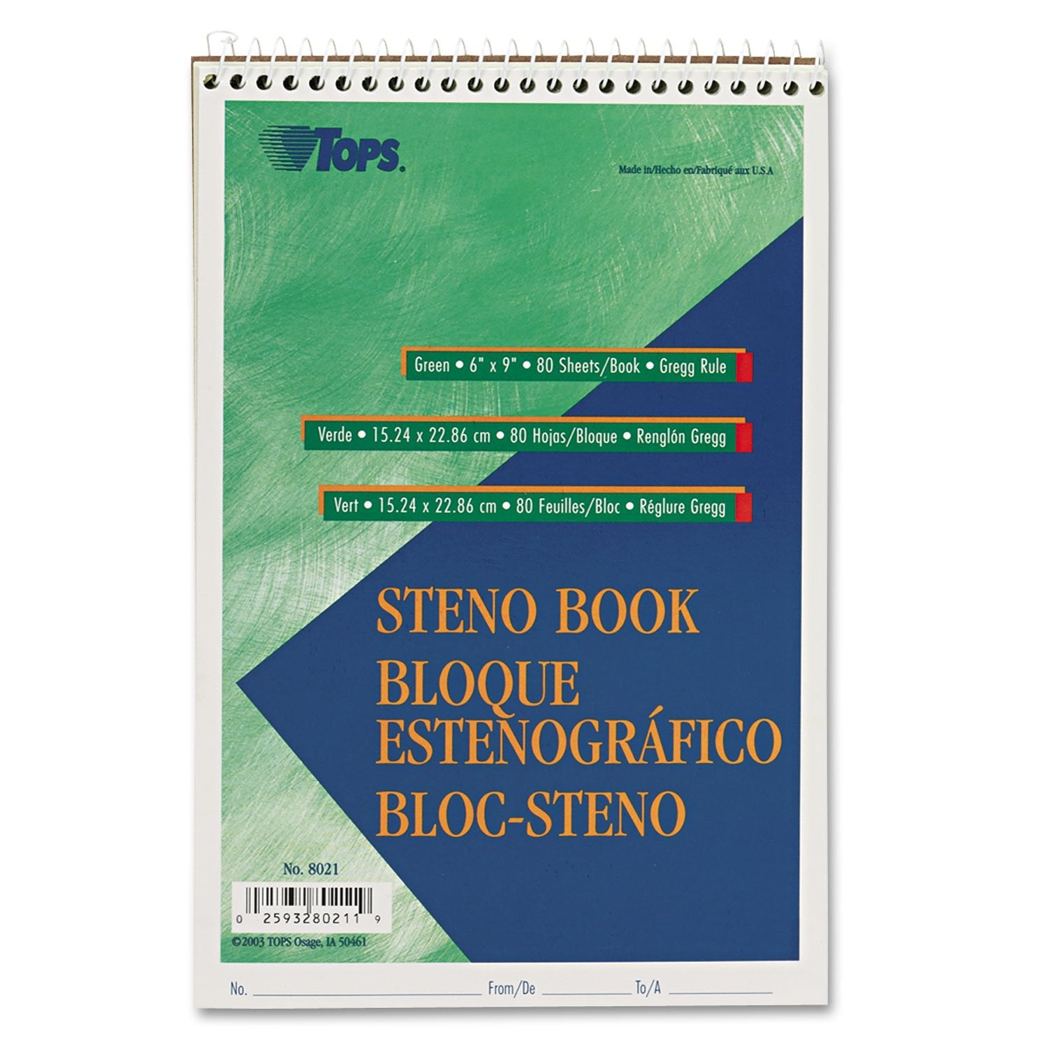 Tops 8021 Steno Book, Gregg Rule, 80 Sheets/Pd, 6-Inch X9-Inch , 1-Pad, Green Tint