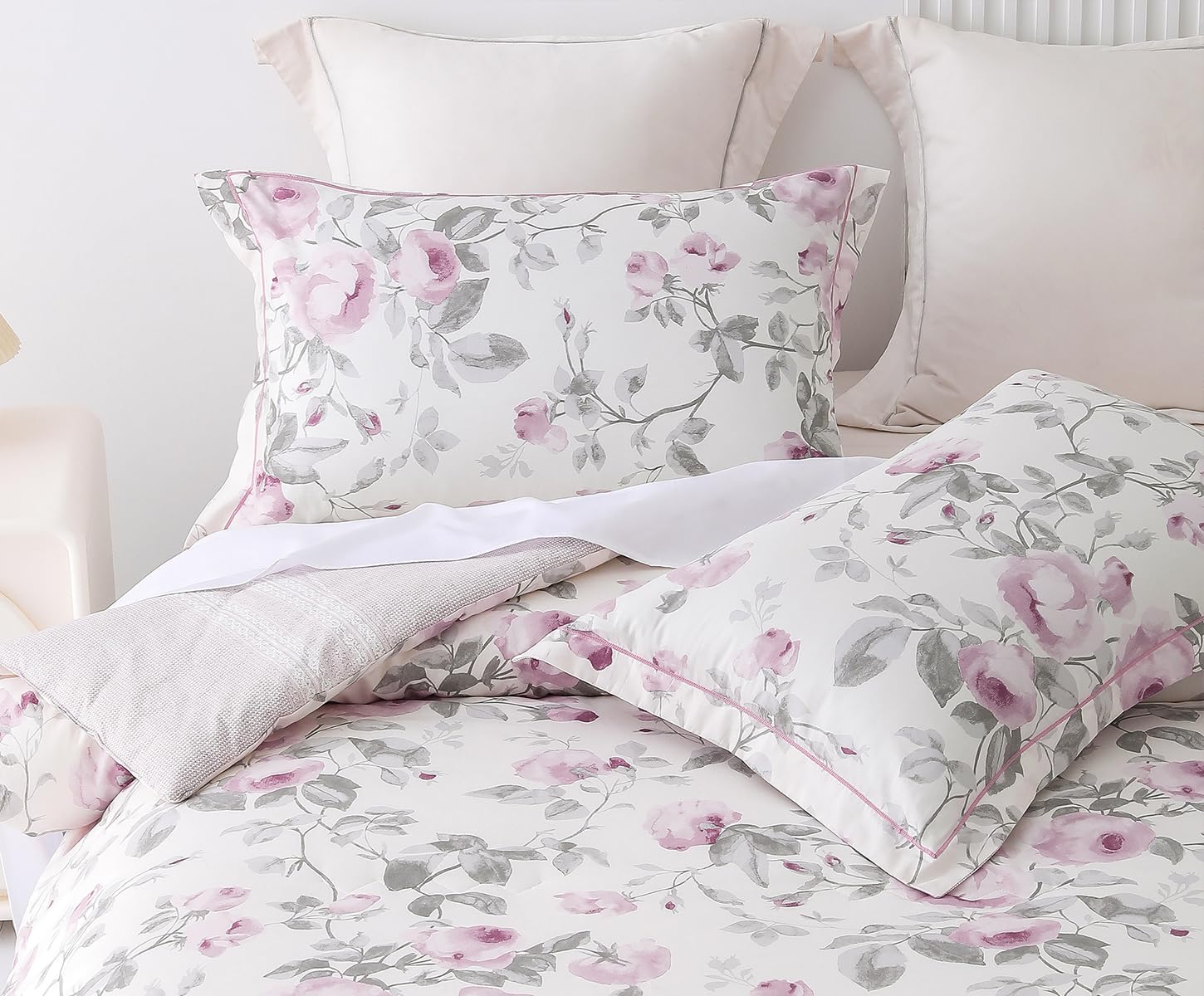 Sleepbella Comforter King Size, 600 Thread Count Cotton White Print With Purple Flowers Reversible Comforter Sets, Down Alternat