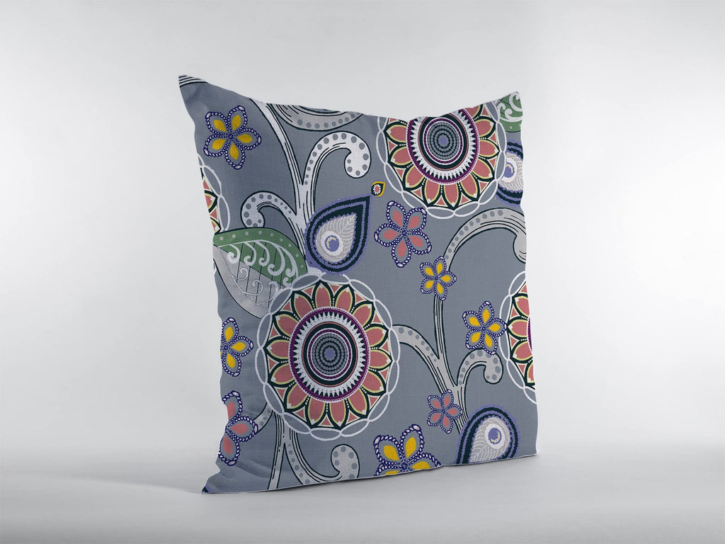 HomeRoots Red, Orange, Blue, Green On Gray Broadcloth 26â€ Gray Pink Floral Indoor Outdoor Throw Pillow