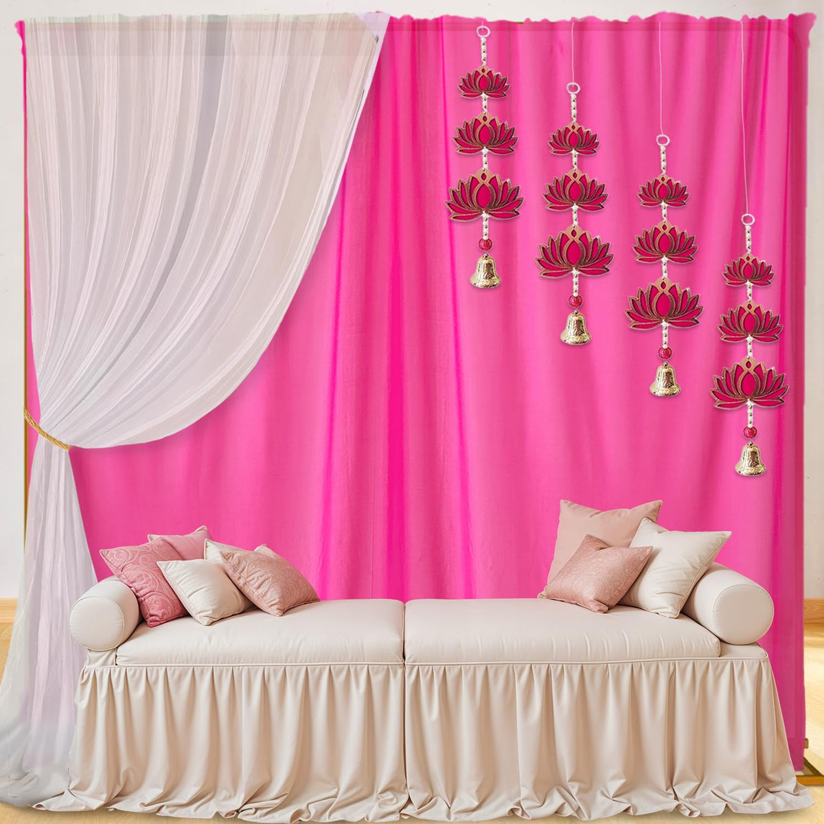 Party Propz White and Pink Backdrop Decorations with 3 Tier Lotus Hangings, Haldi Decoration Items for Home Decor, Backdrop Clot