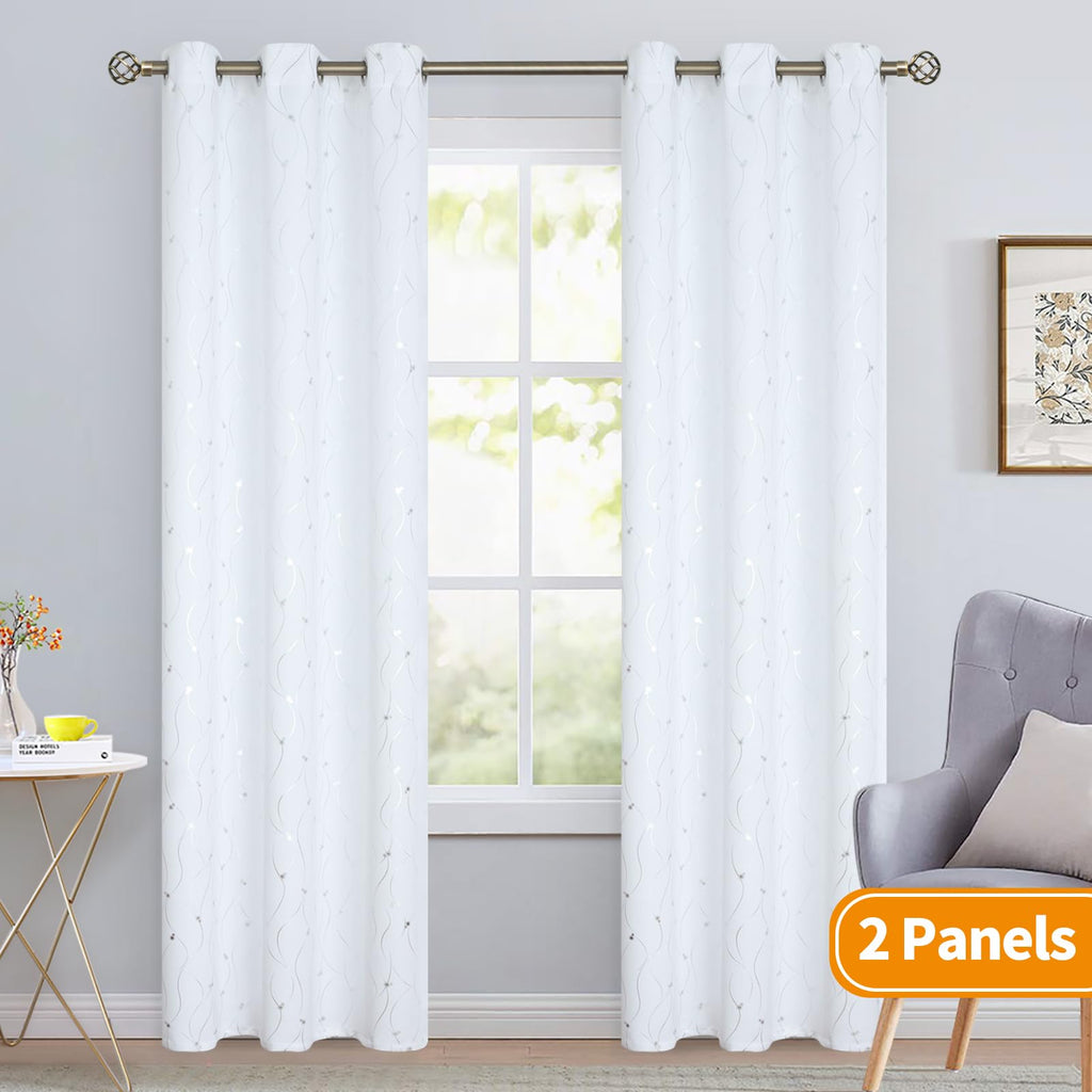 Bgment Room Darkening Curtains 84 Inch Length 2 Panels Set, Grommet Thermal Insulated Blackout Curtains With Wave Line And Dots Printed For Bedroom, Each 38 X 84 Inch, Pure White