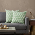 Set of Two 20 Green And Off White Damask Cotton Throw Pillows
