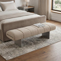 63 Beige and Nickel Boucle and Steel Upholstered Bench
