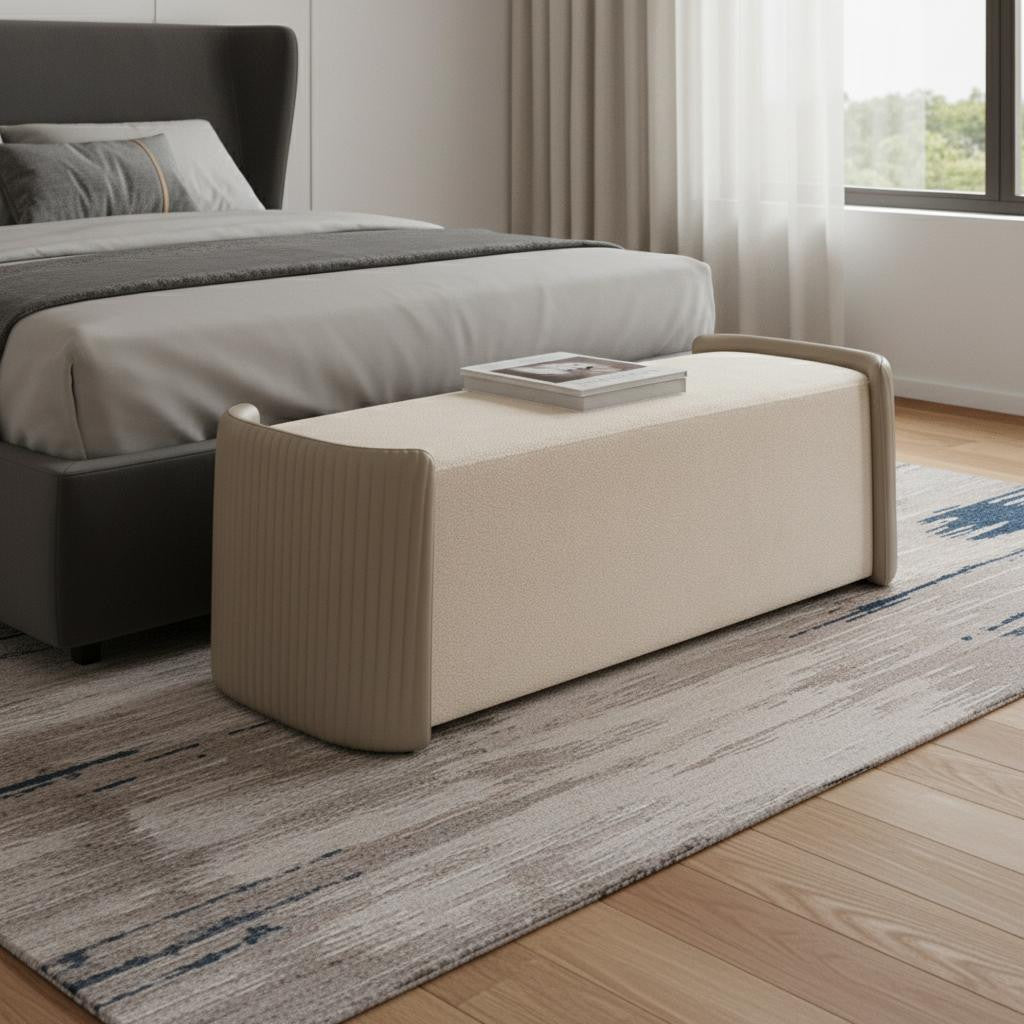 58 Taupe and Light Gray Boucle And Faux Leather Upholstered Bench