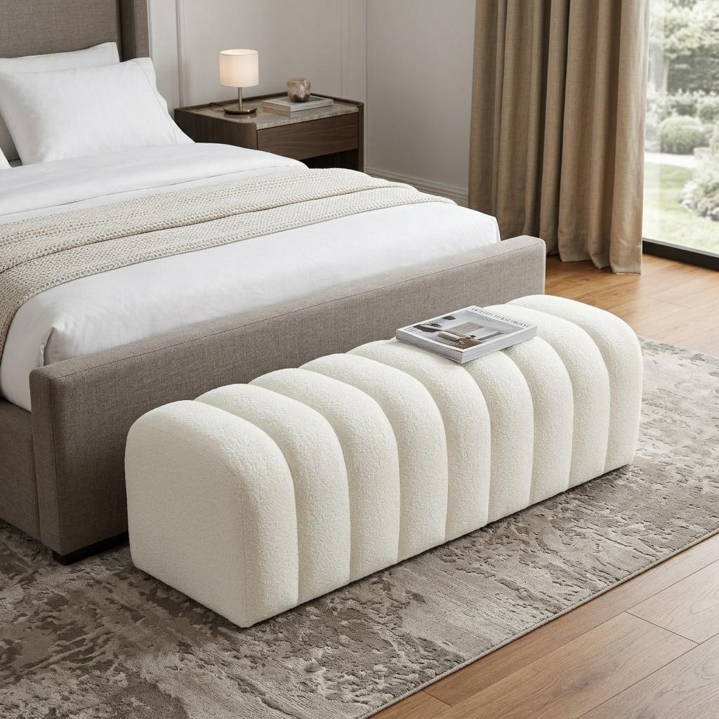 59 White Tufted Boucle Upholstered Bench
