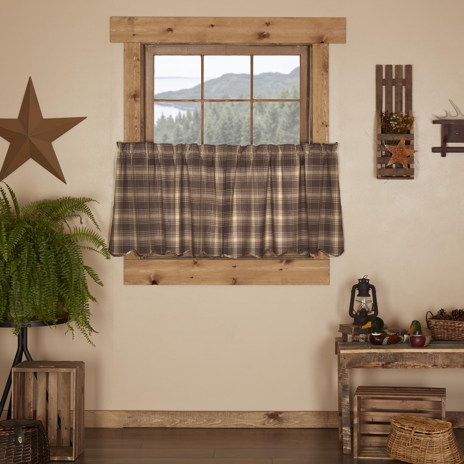 VHC Brands Rustic & Lodge Kitchen Window Curtains-Dawson Star Brown Scalloped Tier Pair, 24x36